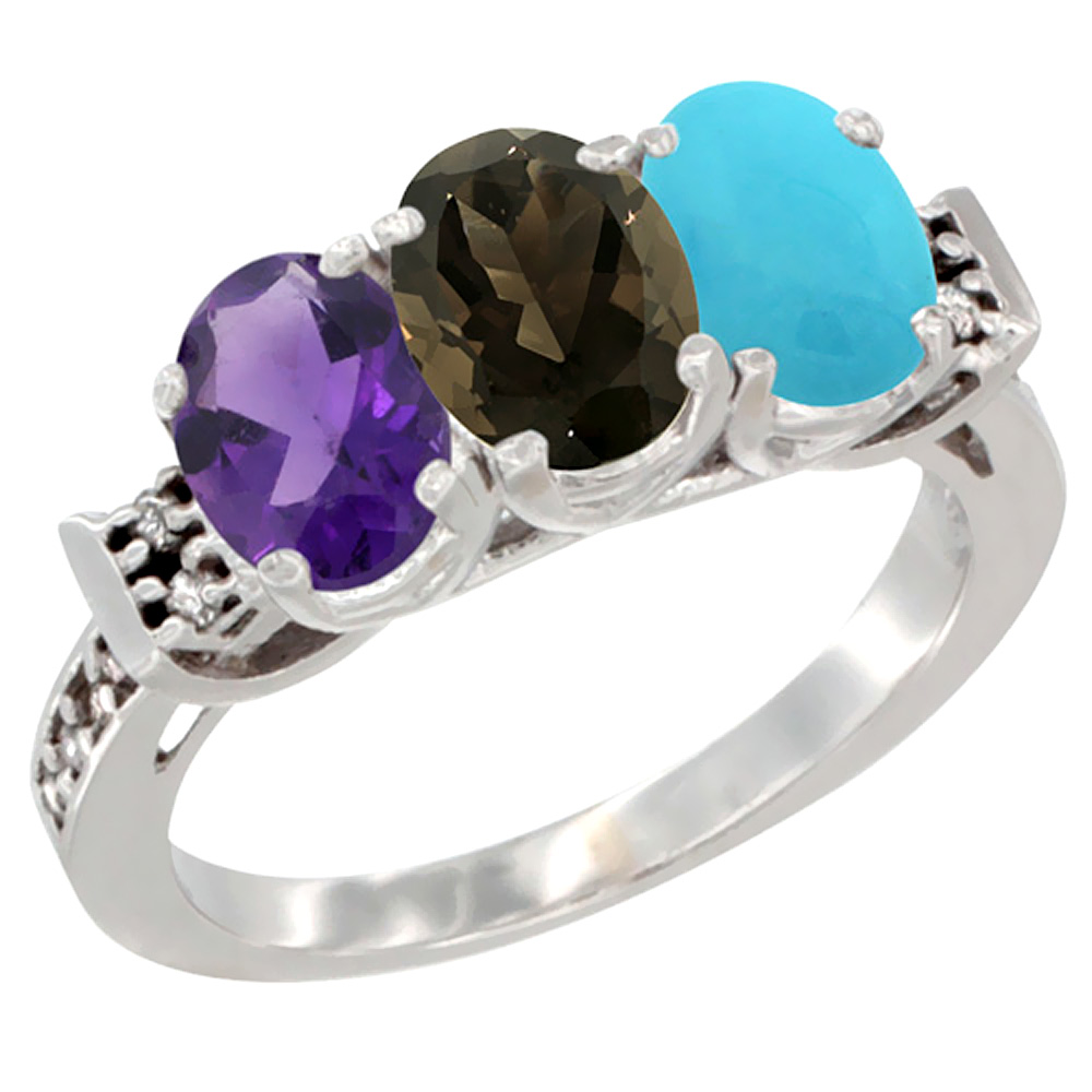 14K White Gold Natural Amethyst, Smoky Topaz & Turquoise Ring 3-Stone 7x5 mm Oval Diamond Accent, sizes 5 - 10