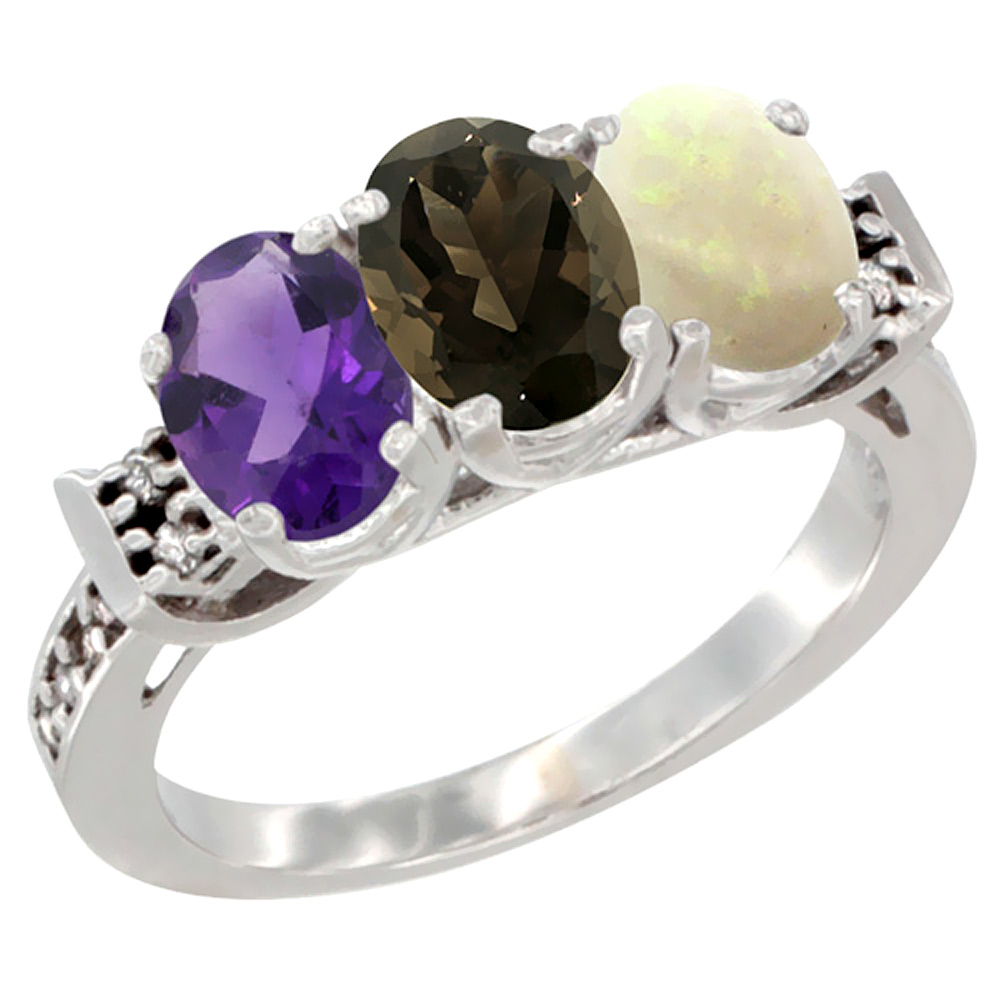 10K White Gold Natural Amethyst, Smoky Topaz & Opal Ring 3-Stone Oval 7x5 mm Diamond Accent, sizes 5 - 10