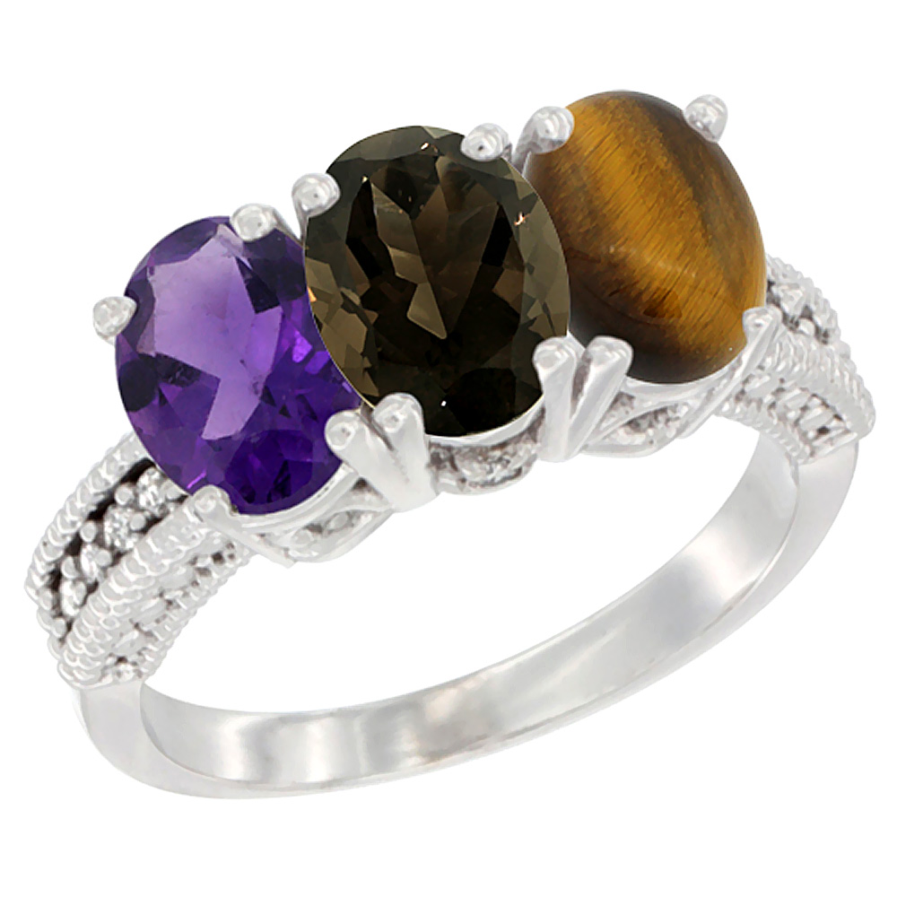 10K White Gold Natural Amethyst, Smoky Topaz & Tiger Eye Ring 3-Stone Oval 7x5 mm Diamond Accent, sizes 5 - 10