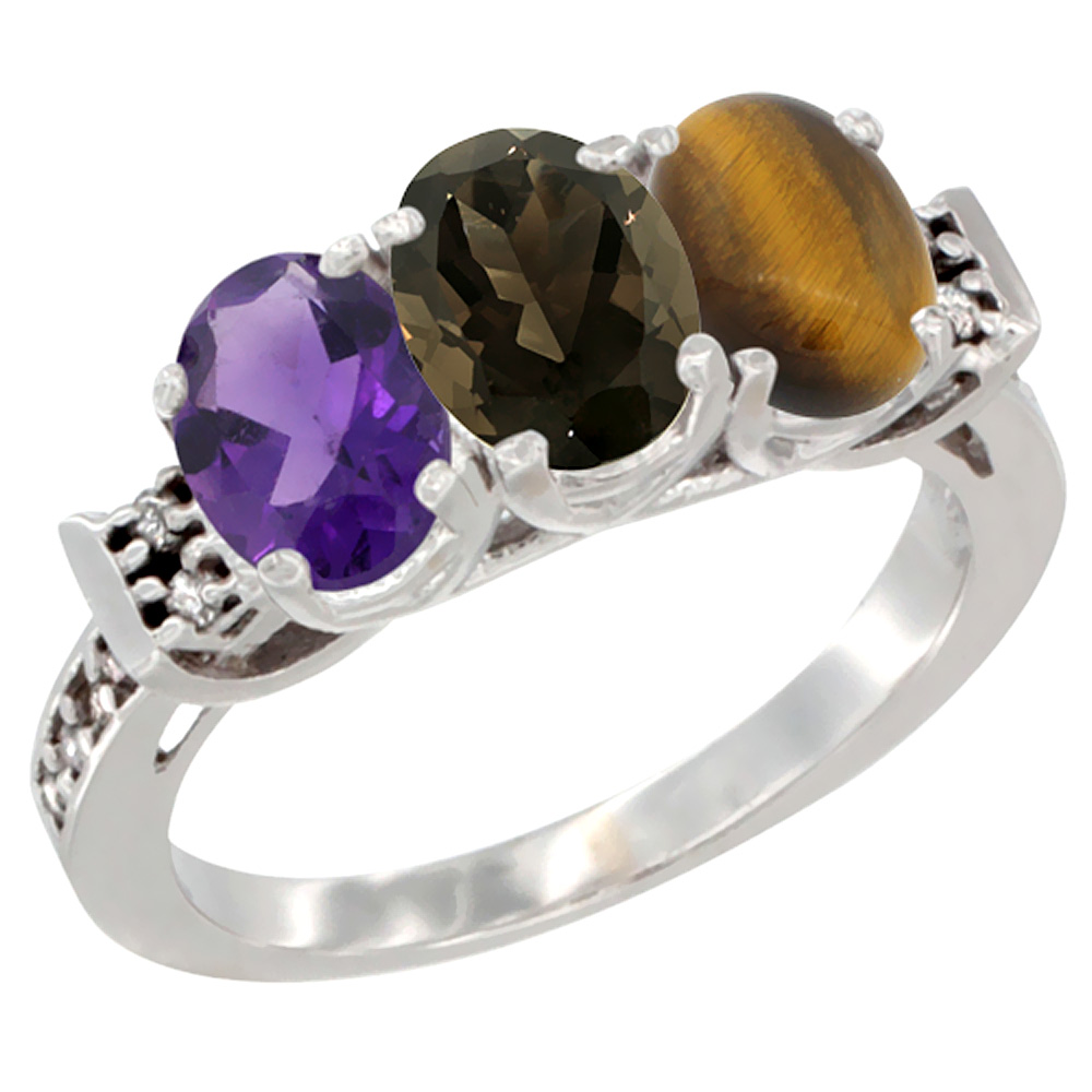 10K White Gold Natural Amethyst, Smoky Topaz & Tiger Eye Ring 3-Stone Oval 7x5 mm Diamond Accent, sizes 5 - 10