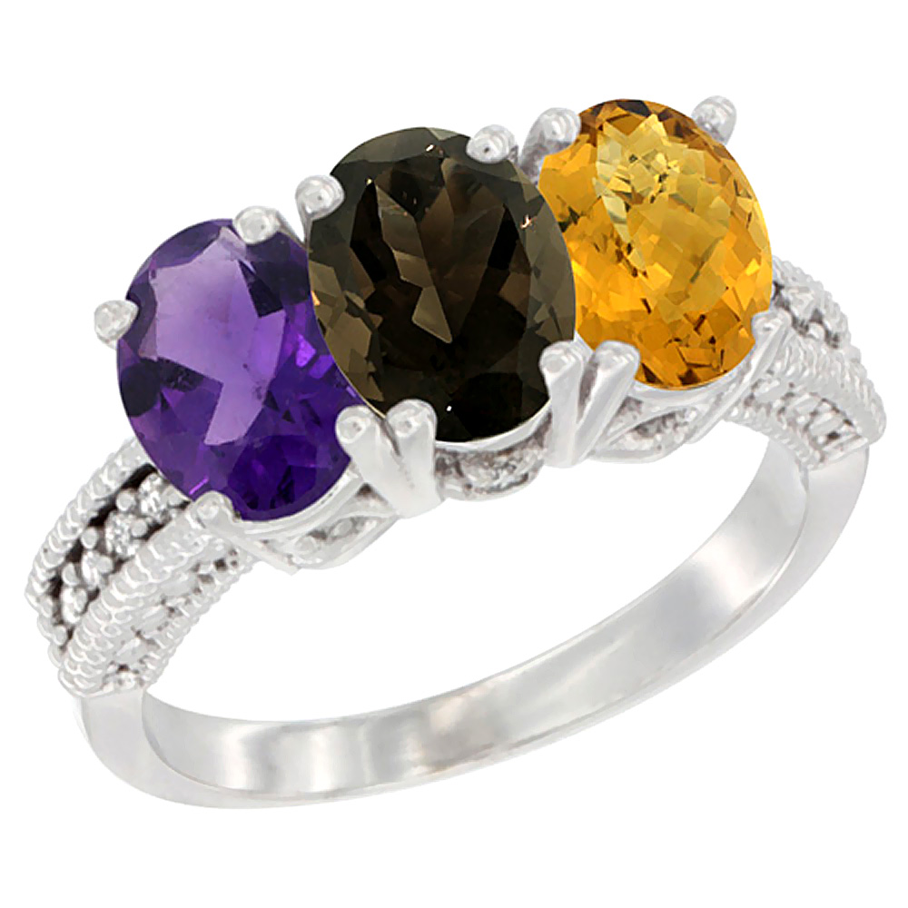 14K White Gold Natural Amethyst, Smoky Topaz & Whisky Quartz Ring 3-Stone 7x5 mm Oval Diamond Accent, sizes 5 - 10