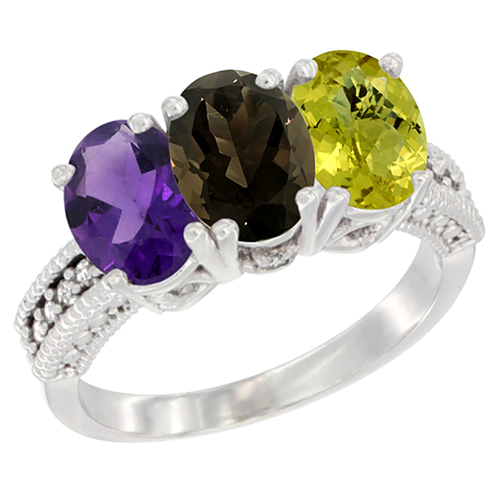 14K White Gold Natural Amethyst, Smoky Topaz &amp; Lemon Quartz Ring 3-Stone 7x5 mm Oval Diamond Accent, sizes 5 - 10