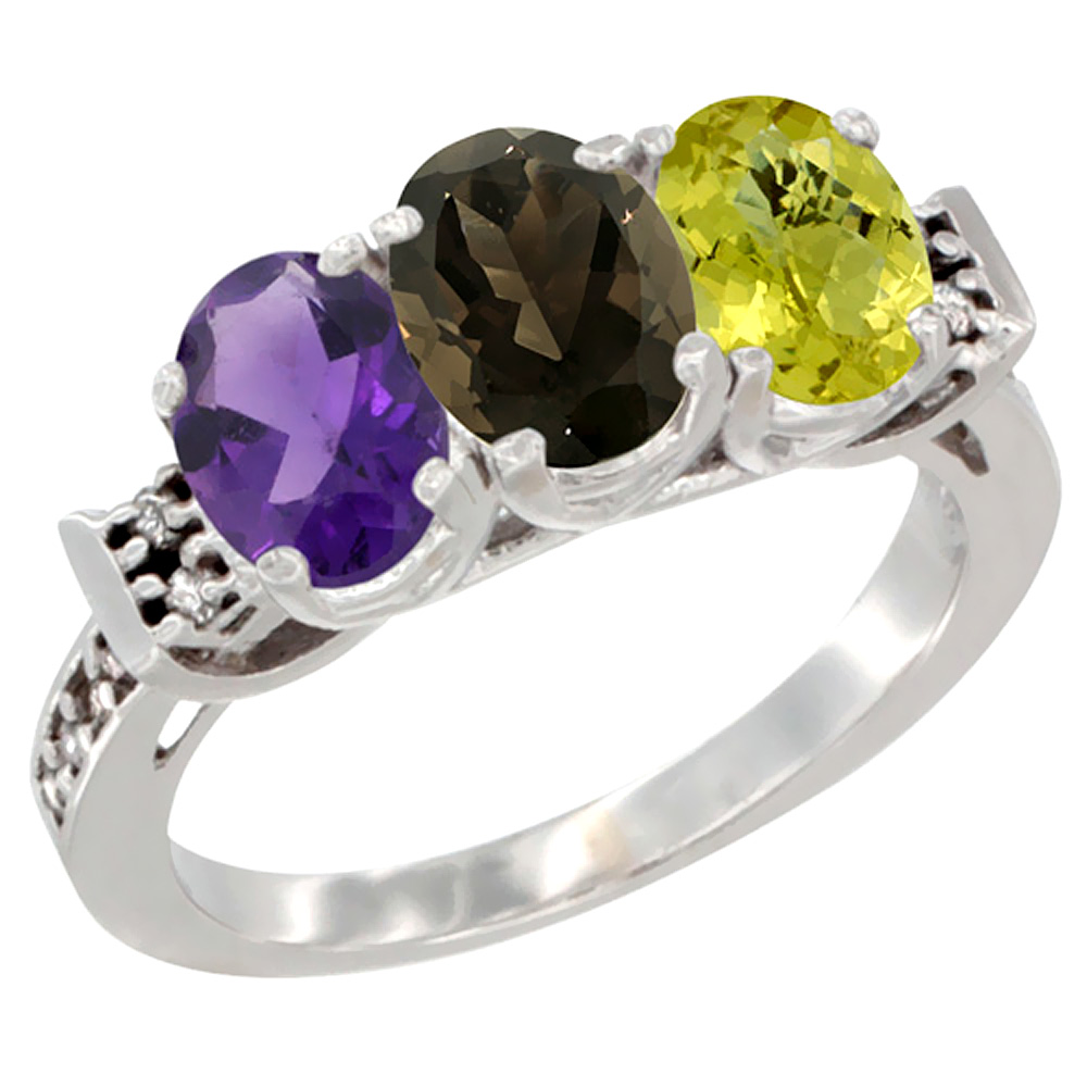 14K White Gold Natural Amethyst, Smoky Topaz & Lemon Quartz Ring 3-Stone 7x5 mm Oval Diamond Accent, sizes 5 - 10