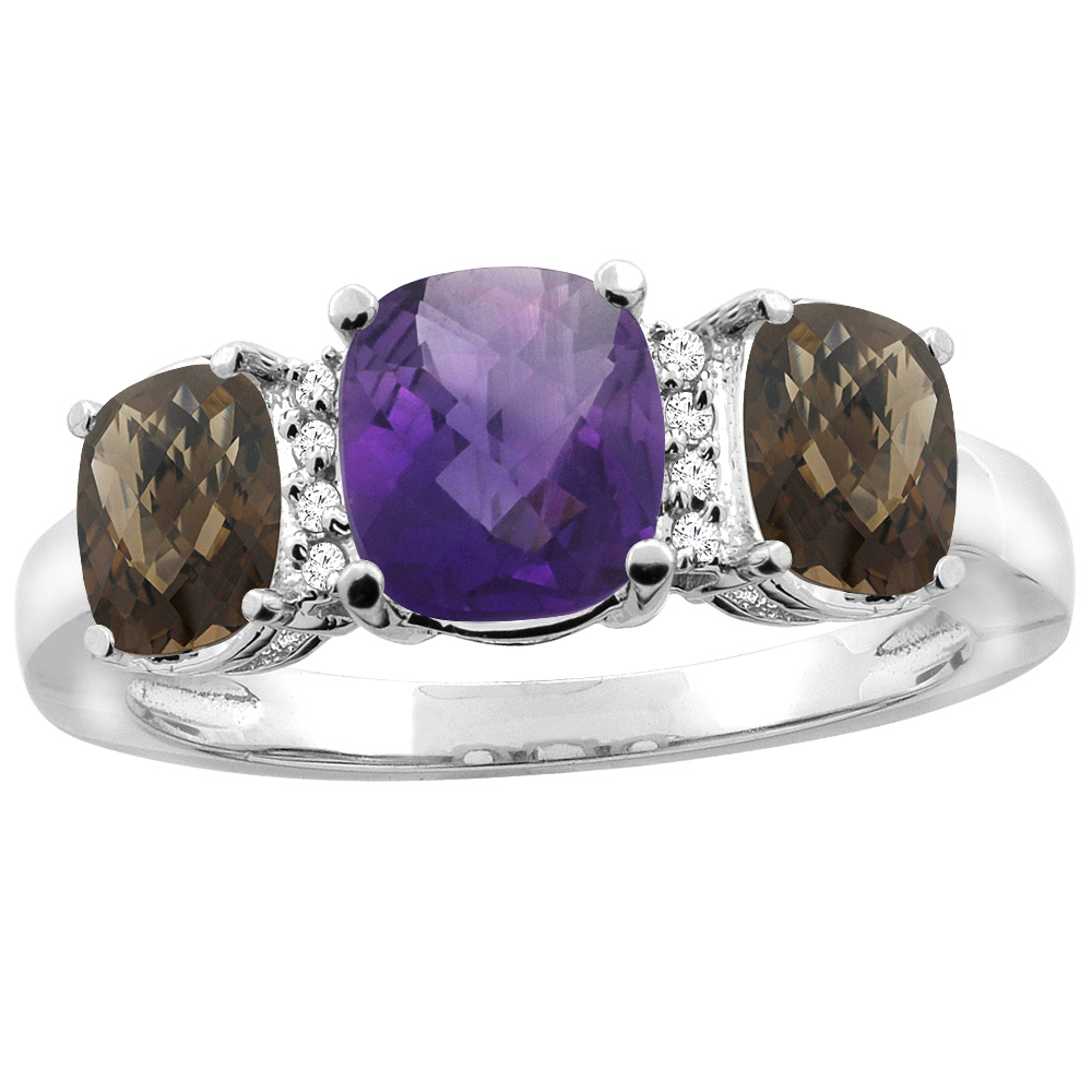 14K White Gold Natural Amethyst &amp; Smoky Topaz 3-stone Ring Cushion 8x6mm Diamond Accent, sizes 5 - 10