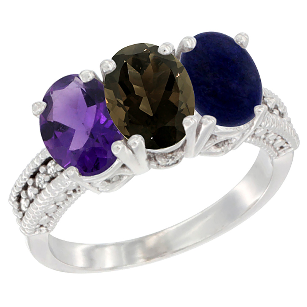 10K White Gold Natural Amethyst, Smoky Topaz & Lapis Ring 3-Stone Oval 7x5 mm Diamond Accent, sizes 5 - 10