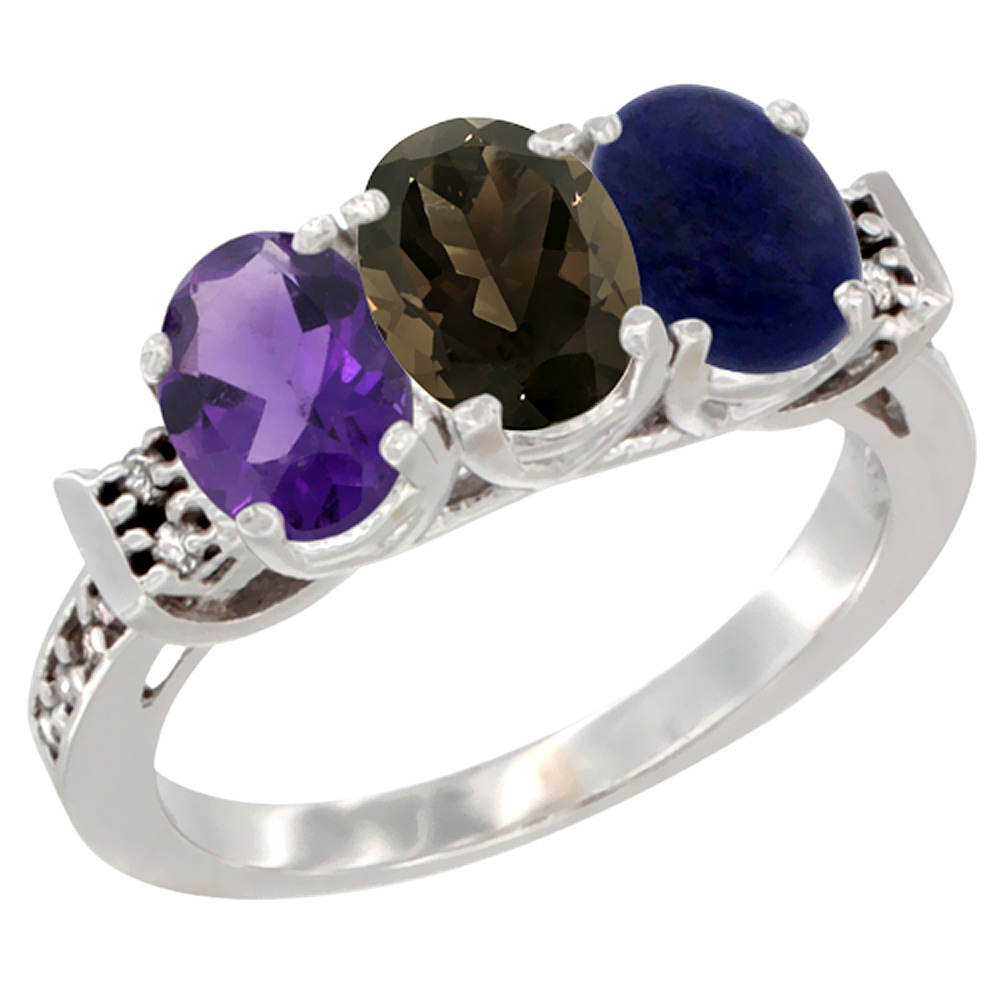 14K White Gold Natural Amethyst, Smoky Topaz & Lapis Ring 3-Stone 7x5 mm Oval Diamond Accent, sizes 5 - 10