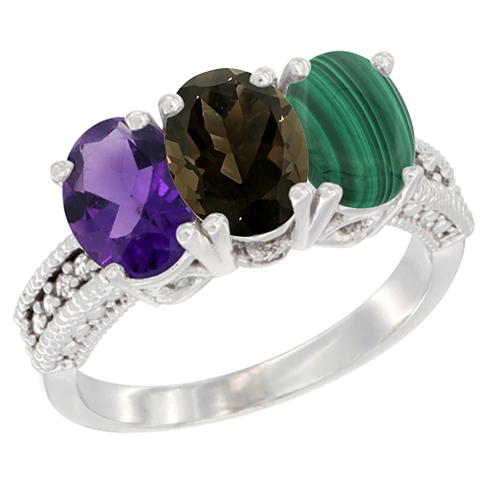 14K White Gold Natural Amethyst, Smoky Topaz & Malachite Ring 3-Stone 7x5 mm Oval Diamond Accent, sizes 5 - 10