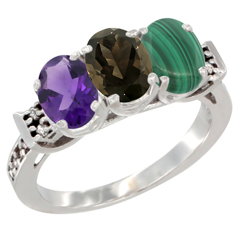 14K White Gold Natural Amethyst, Smoky Topaz & Malachite Ring 3-Stone 7x5 mm Oval Diamond Accent, sizes 5 - 10