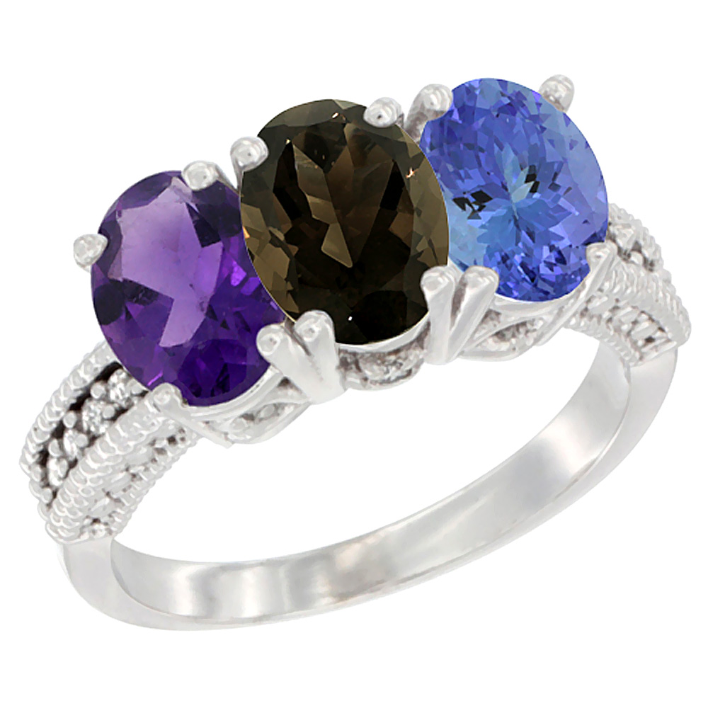 14K White Gold Natural Amethyst, Smoky Topaz & Tanzanite Ring 3-Stone 7x5 mm Oval Diamond Accent, sizes 5 - 10