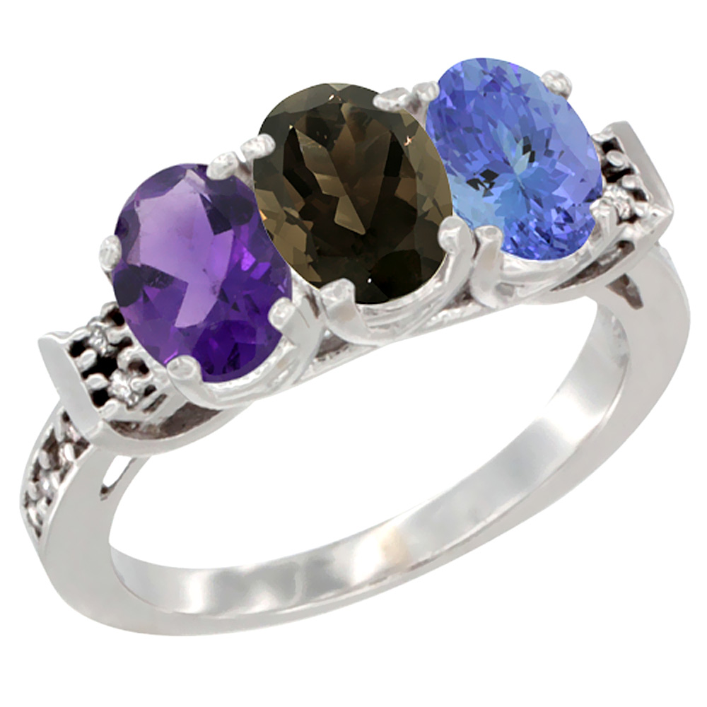 10K White Gold Natural Amethyst, Smoky Topaz & Tanzanite Ring 3-Stone Oval 7x5 mm Diamond Accent, sizes 5 - 10