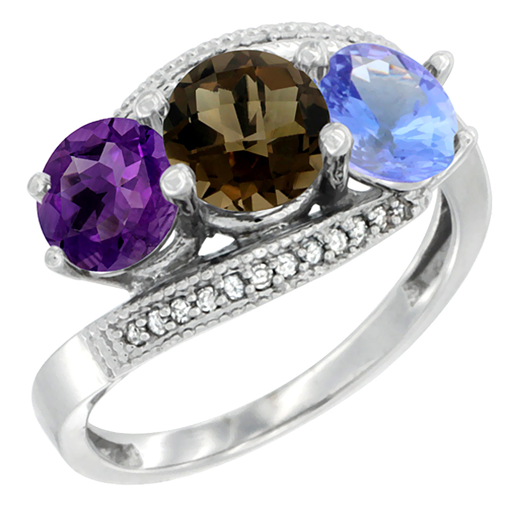 14K White Gold Natural Amethyst, Smoky Topaz & Tanzanite 3 stone Ring Round 6mm Diamond Accent, sizes 5 - 10