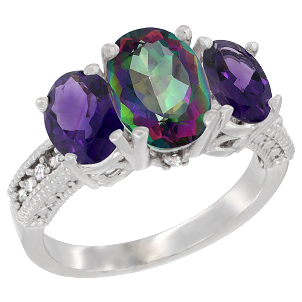 14K White Gold Diamond Natural Mystic Topaz Ring 3-Stone Oval 8x6mm with Amethyst, sizes5-10