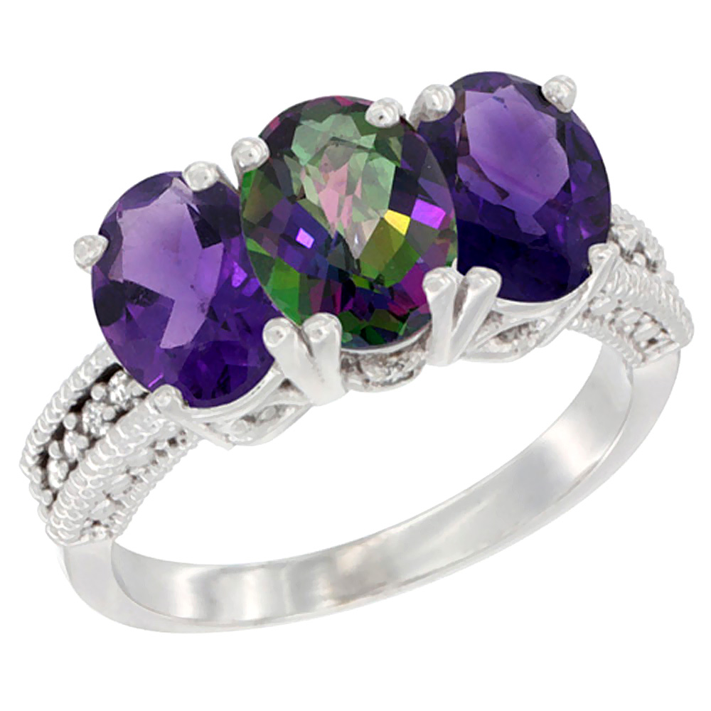 14K White Gold Natural Mystic Topaz & Amethyst Ring 3-Stone 7x5 mm Oval Diamond Accent, sizes 5 - 10