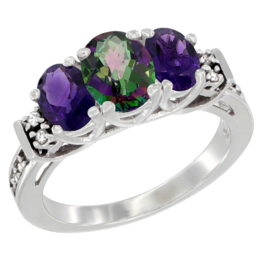 14K White Gold Natural Mystic Topaz &amp; Amethyst Ring 3-Stone Oval Diamond Accent, sizes 5-10