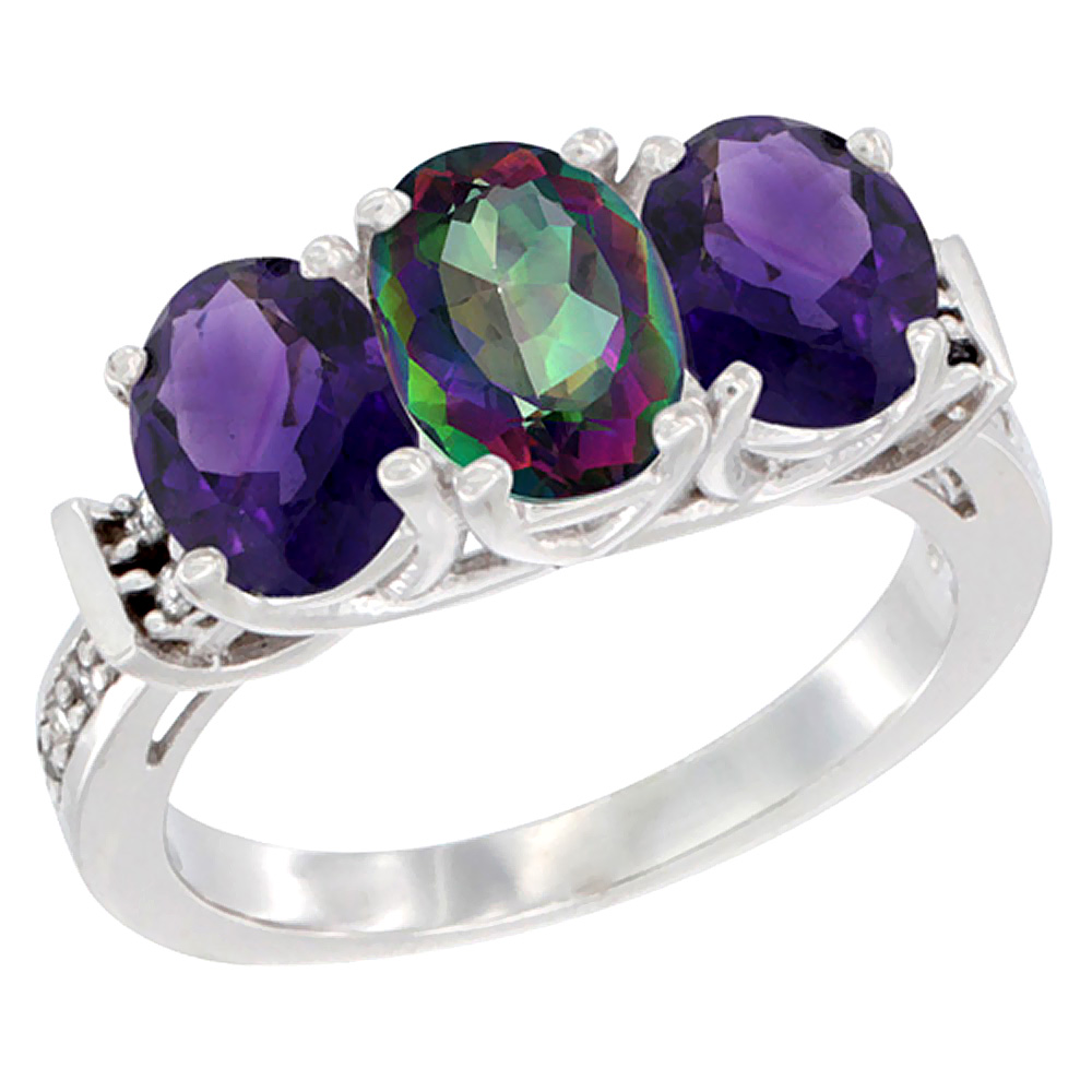 14K White Gold Natural Mystic Topaz &amp; Amethyst Sides Ring 3-Stone Oval Diamond Accent, sizes 5 - 10