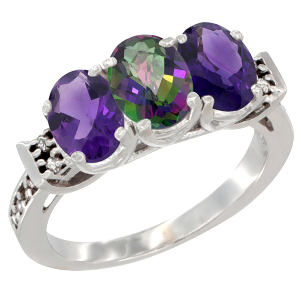 14K White Gold Natural Mystic Topaz &amp; Amethyst Sides Ring 3-Stone 7x5 mm Oval Diamond Accent, sizes 5 - 10