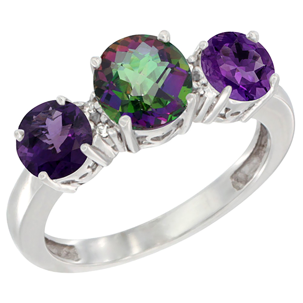 14K White Gold Round 3-Stone Natural Mystic Topaz Ring & Amethyst Sides Diamond Accent, sizes 5 - 10