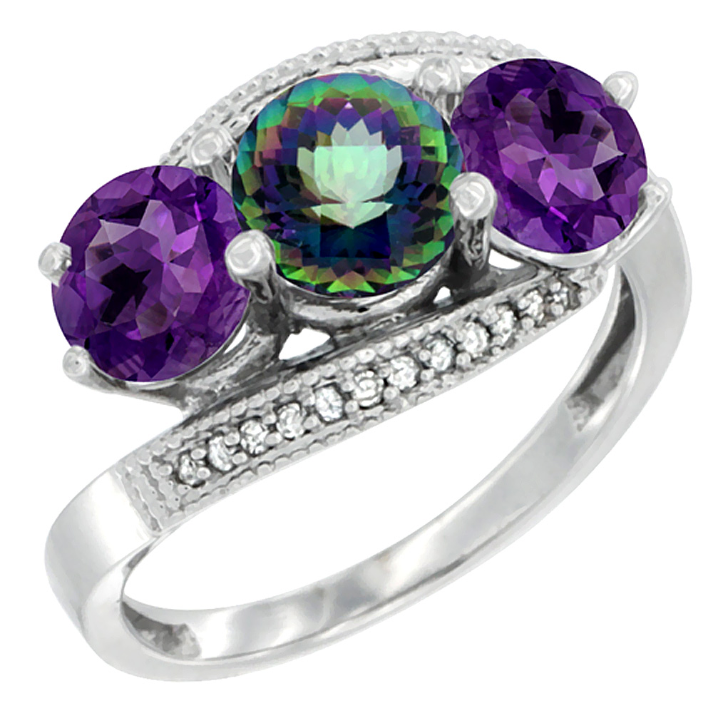 14K White Gold Natural Mystic Topaz & Amethyst Sides 3 stone Ring Round 6mm Diamond Accent, sizes 5 - 10