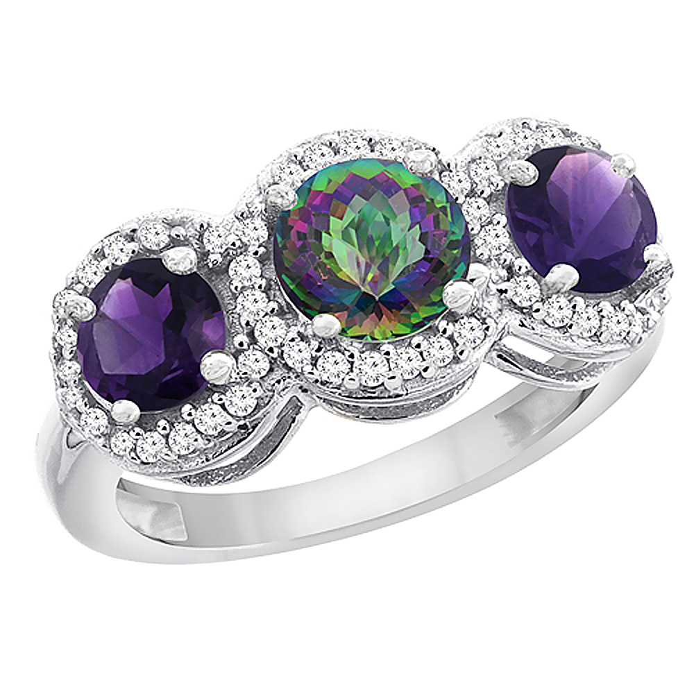 10K White Gold Natural Mystic Topaz &amp; Amethyst Sides Round 3-stone Ring Diamond Accents, sizes 5 - 10