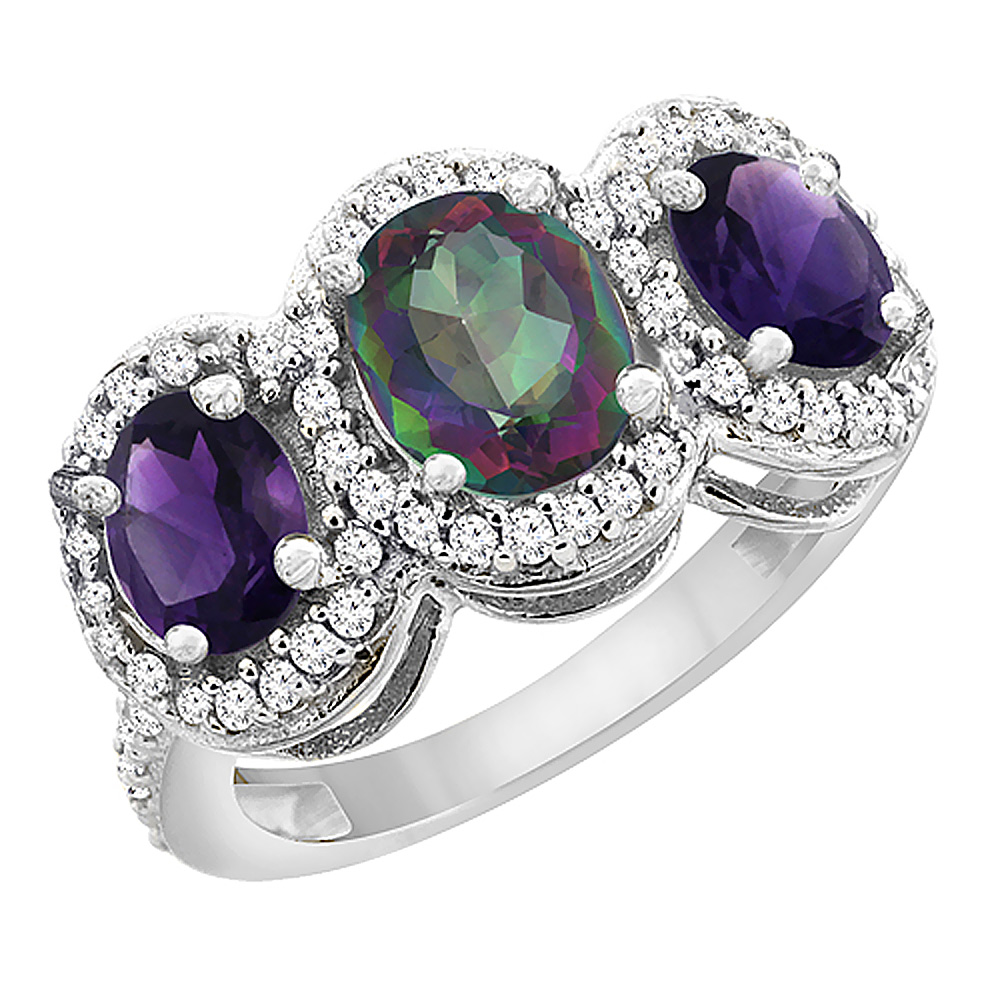 10K White Gold Natural Mystic Topaz & Amethyst 3-Stone Ring Oval Diamond Accent, sizes 5 - 10