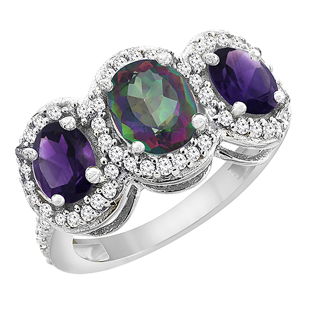 10K White Gold Natural Mystic Topaz &amp; Amethyst 3-Stone Ring Oval Diamond Accent, sizes 5 - 10