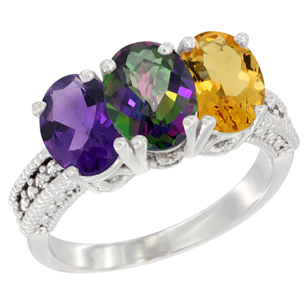 14K White Gold Natural Amethyst, Mystic Topaz & Citrine Ring 3-Stone 7x5 mm Oval Diamond Accent, sizes 5 - 10