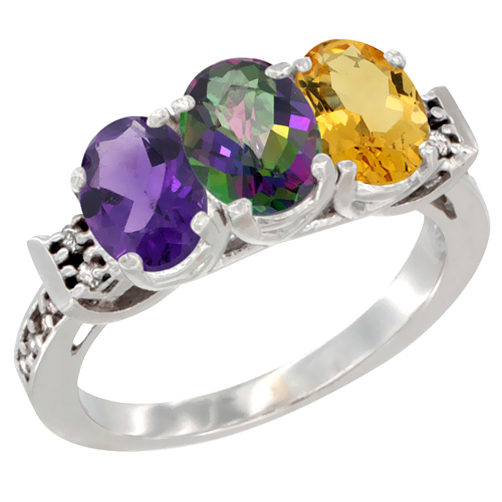 14K White Gold Natural Amethyst, Mystic Topaz & Citrine Ring 3-Stone 7x5 mm Oval Diamond Accent, sizes 5 - 10