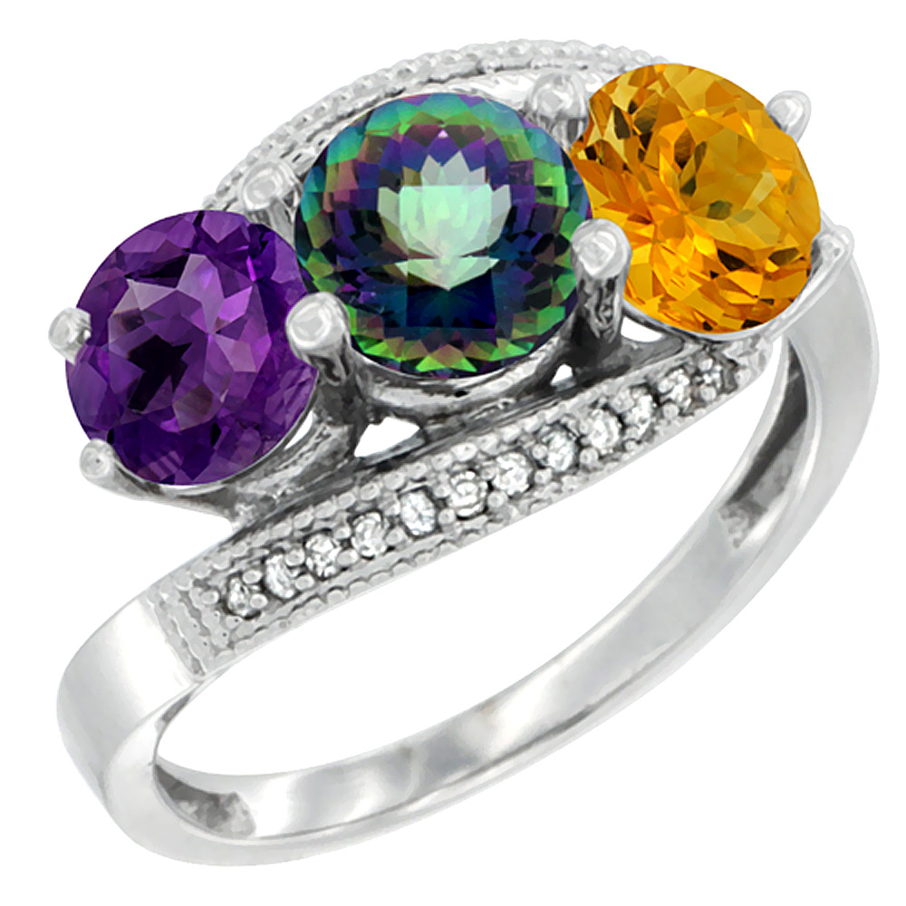 14K White Gold Natural Amethyst, Mystic Topaz & Citrine 3 stone Ring Round 6mm Diamond Accent, sizes 5 - 10