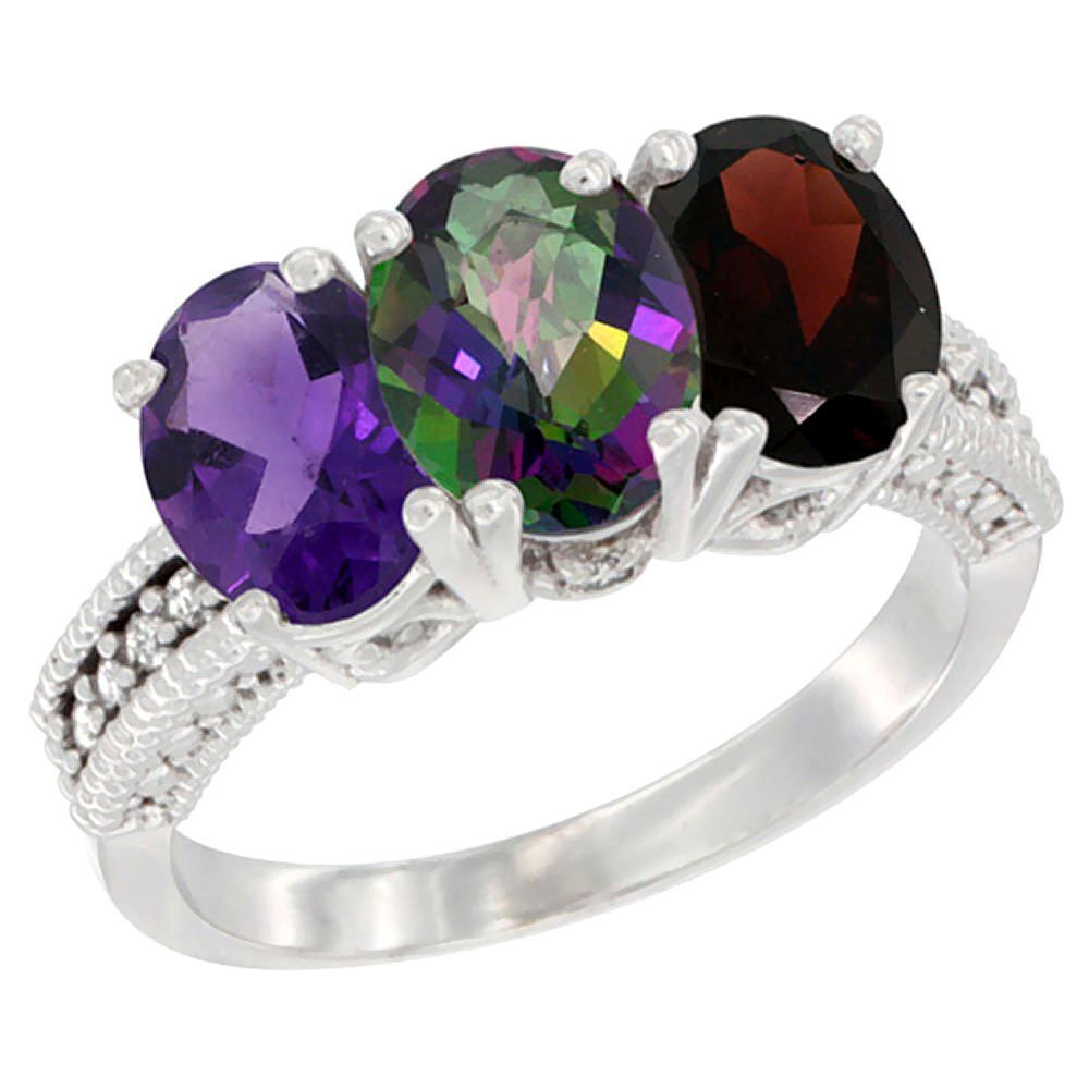 14K White Gold Natural Amethyst, Mystic Topaz & Garnet Ring 3-Stone 7x5 mm Oval Diamond Accent, sizes 5 - 10