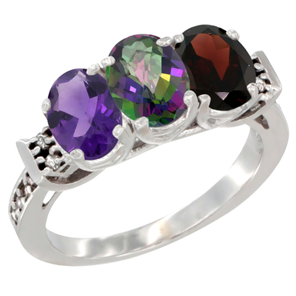 14K White Gold Natural Amethyst, Mystic Topaz &amp; Garnet Ring 3-Stone 7x5 mm Oval Diamond Accent, sizes 5 - 10