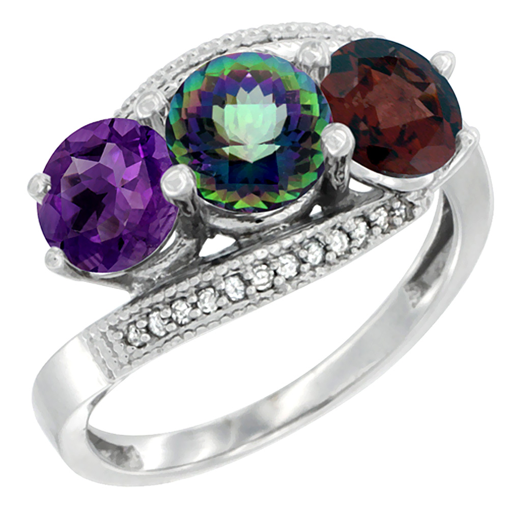 14K White Gold Natural Amethyst, Mystic Topaz & Garnet 3 stone Ring Round 6mm Diamond Accent, sizes 5 - 10