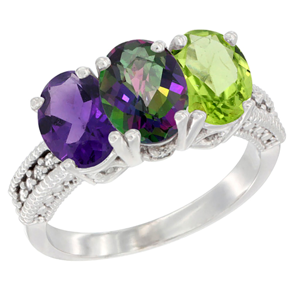 14K White Gold Natural Amethyst, Mystic Topaz & Peridot Ring 3-Stone 7x5 mm Oval Diamond Accent, sizes 5 - 10