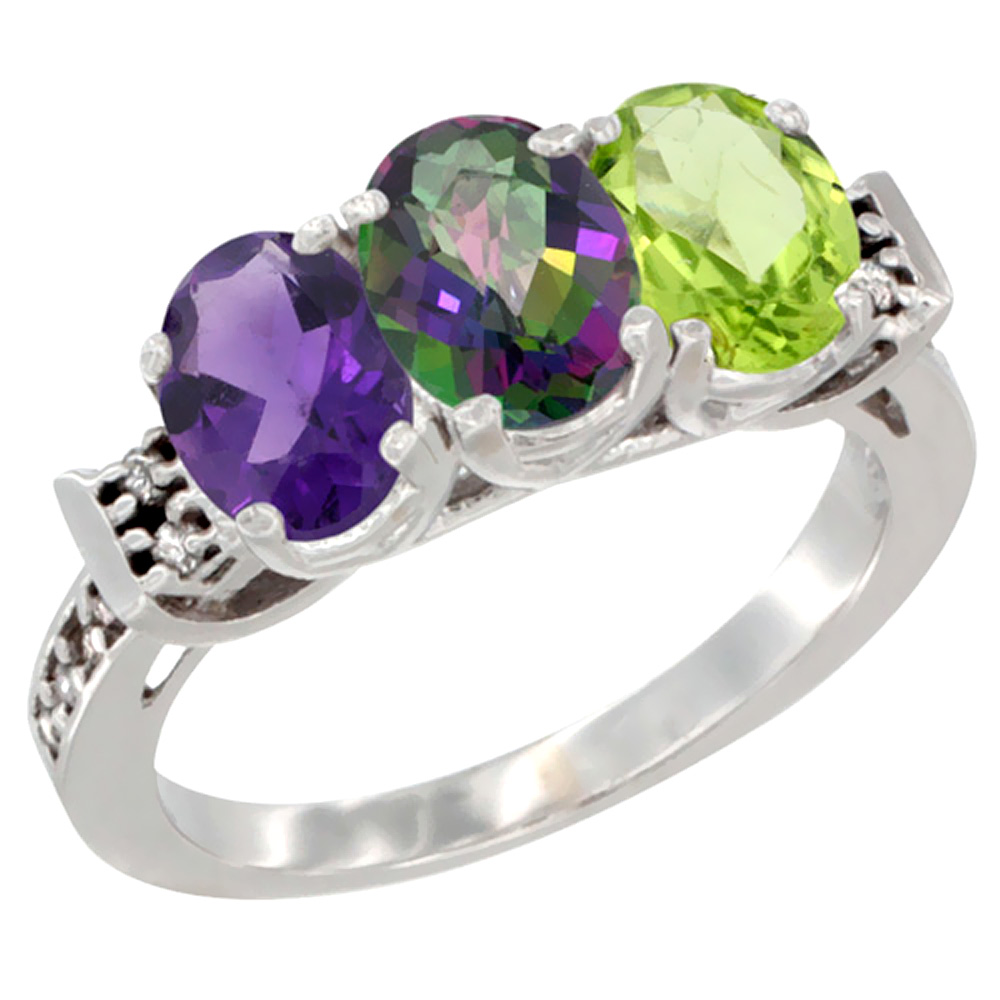 14K White Gold Natural Amethyst, Mystic Topaz & Peridot Ring 3-Stone 7x5 mm Oval Diamond Accent, sizes 5 - 10