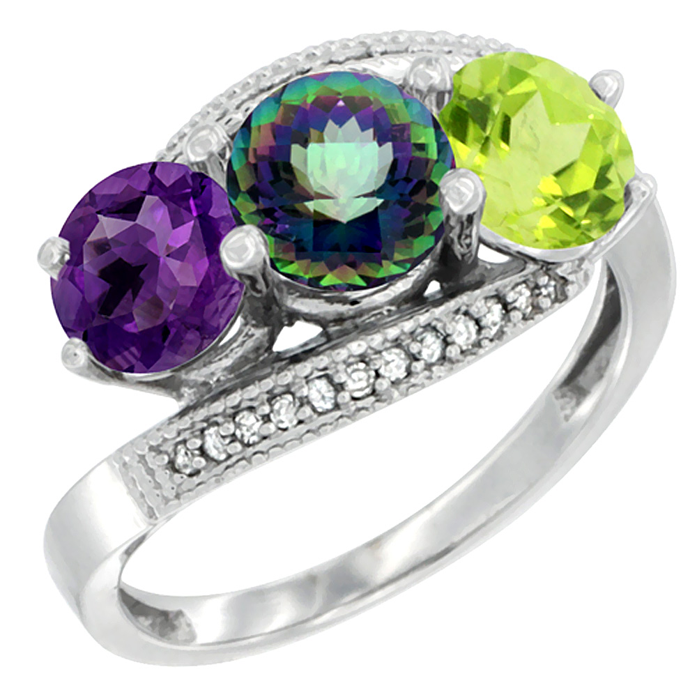 10K White Gold Natural Amethyst, Mystic Topaz &amp; Peridot 3 stone Ring Round 6mm Diamond Accent, sizes 5 - 10