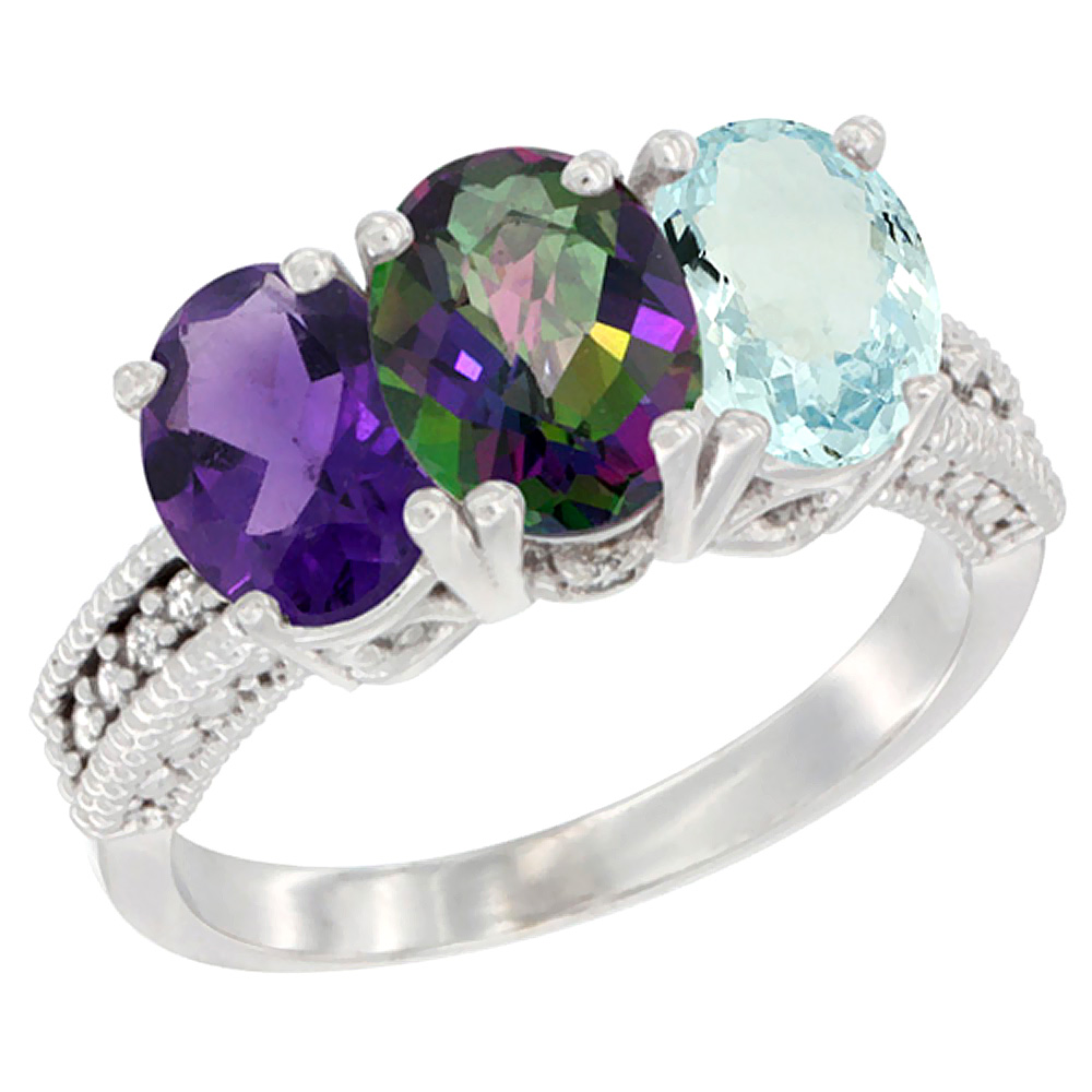 14K White Gold Natural Amethyst, Mystic Topaz & Aquamarine Ring 3-Stone 7x5 mm Oval Diamond Accent, sizes 5 - 10