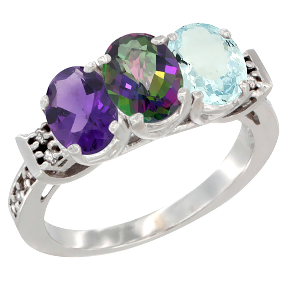 10K White Gold Natural Amethyst, Mystic Topaz &amp; Aquamarine Ring 3-Stone Oval 7x5 mm Diamond Accent, sizes 5 - 10