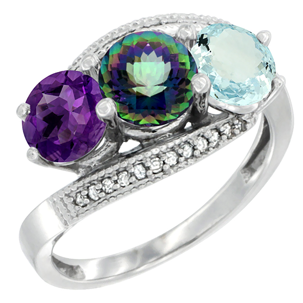 10K White Gold Natural Amethyst, Mystic Topaz &amp; Aquamarine 3 stone Ring Round 6mm Diamond Accent, sizes 5 - 10