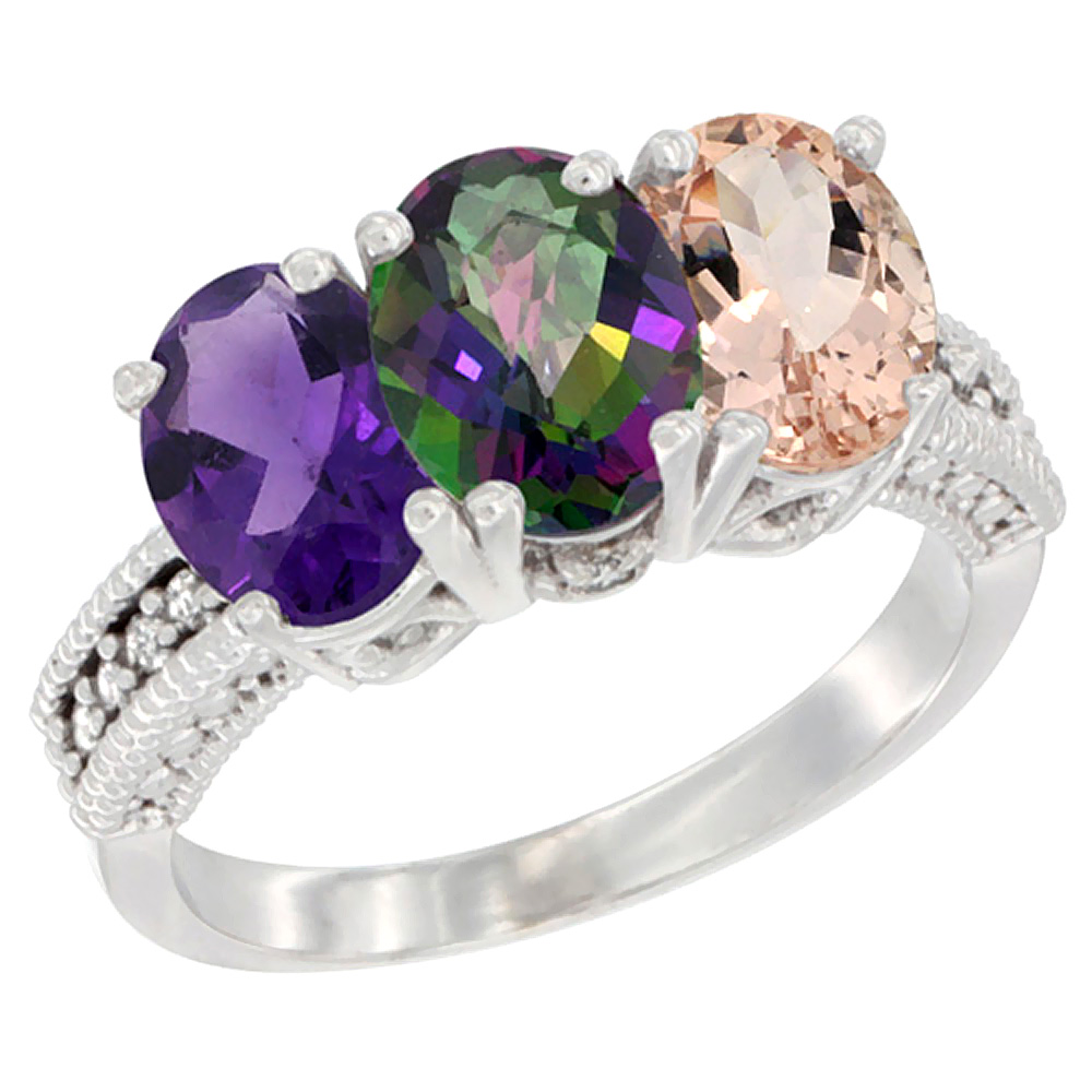 14K White Gold Natural Amethyst, Mystic Topaz & Morganite Ring 3-Stone 7x5 mm Oval Diamond Accent, sizes 5 - 10