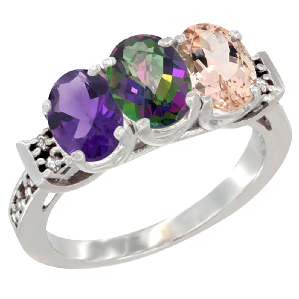 14K White Gold Natural Amethyst, Mystic Topaz &amp; Morganite Ring 3-Stone 7x5 mm Oval Diamond Accent, sizes 5 - 10