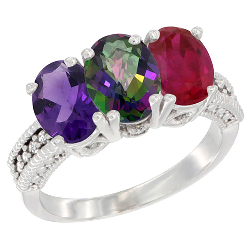 14K White Gold Natural Amethyst, Mystic Topaz & Enhanced Ruby Ring 3-Stone 7x5 mm Oval Diamond Accent, sizes 5 - 10