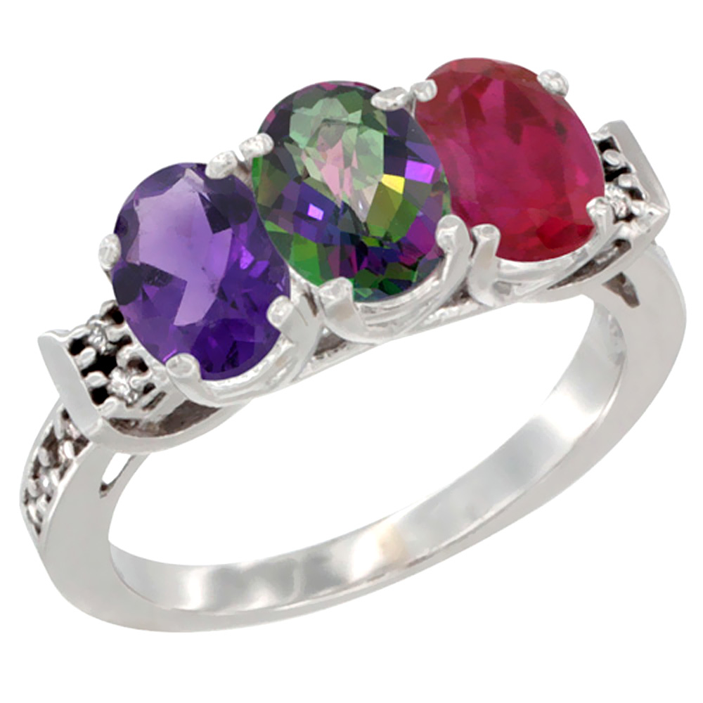 14K White Gold Natural Amethyst, Mystic Topaz & Enhanced Ruby Ring 3-Stone 7x5 mm Oval Diamond Accent, sizes 5 - 10