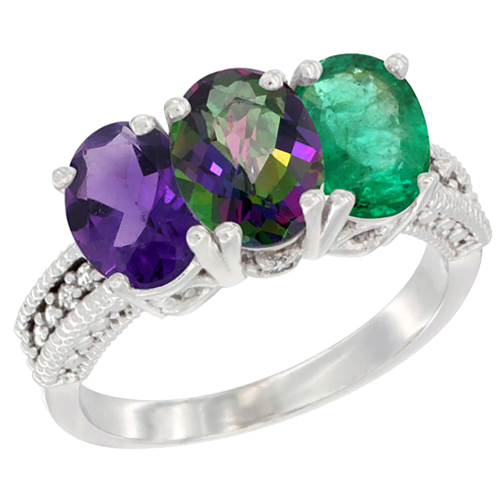 14K White Gold Natural Amethyst, Mystic Topaz & Emerald Ring 3-Stone 7x5 mm Oval Diamond Accent, sizes 5 - 10