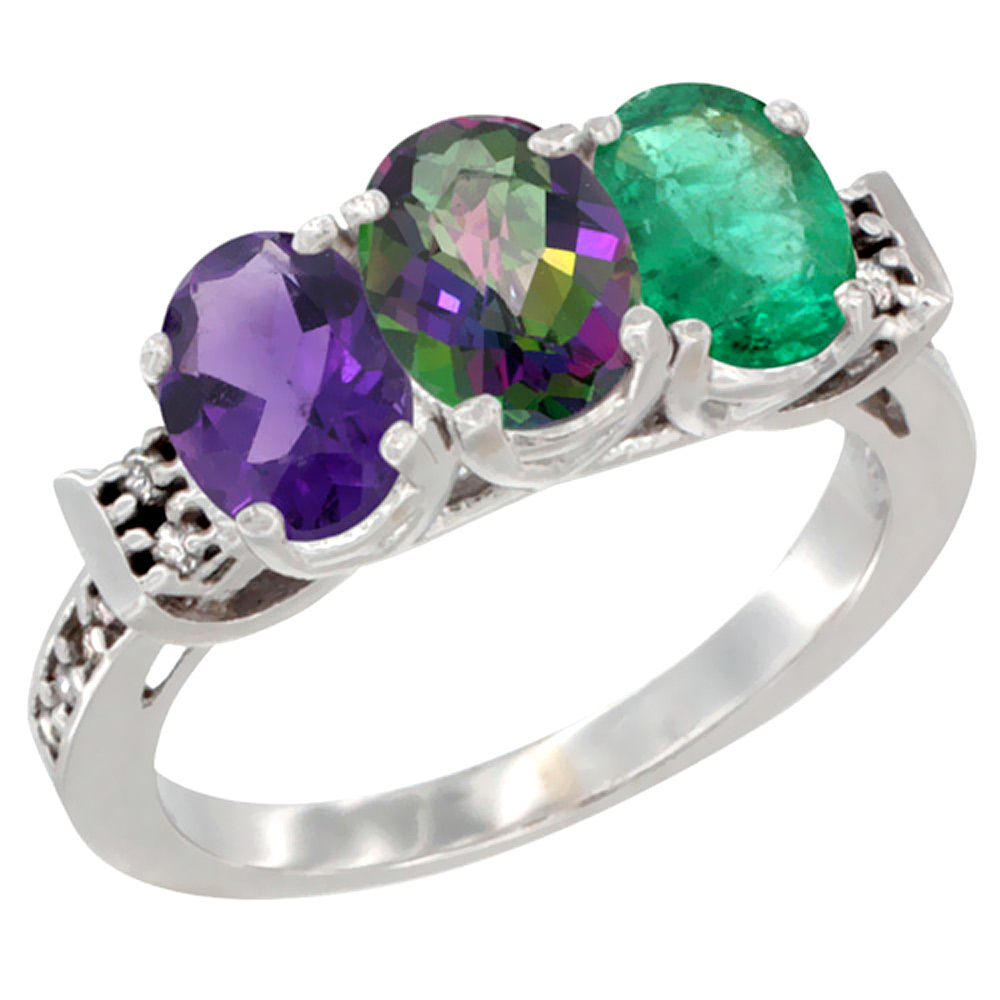 14K White Gold Natural Amethyst, Mystic Topaz & Emerald Ring 3-Stone 7x5 mm Oval Diamond Accent, sizes 5 - 10