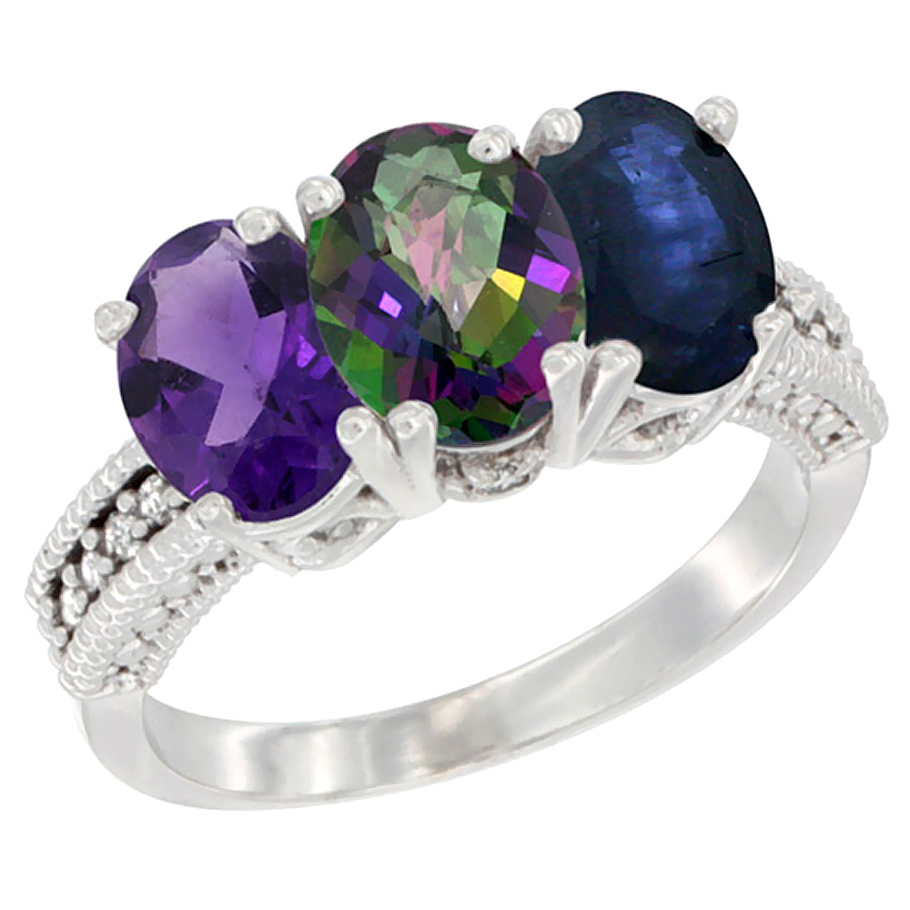 14K White Gold Natural Amethyst, Mystic Topaz & Blue Sapphire Ring 3-Stone 7x5 mm Oval Diamond Accent, sizes 5 - 10