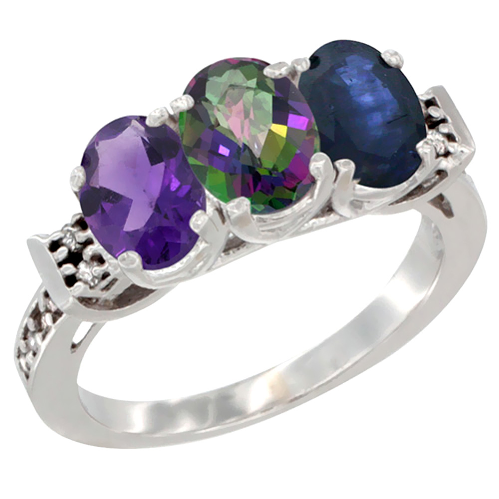 14K White Gold Natural Amethyst, Mystic Topaz & Blue Sapphire Ring 3-Stone 7x5 mm Oval Diamond Accent, sizes 5 - 10