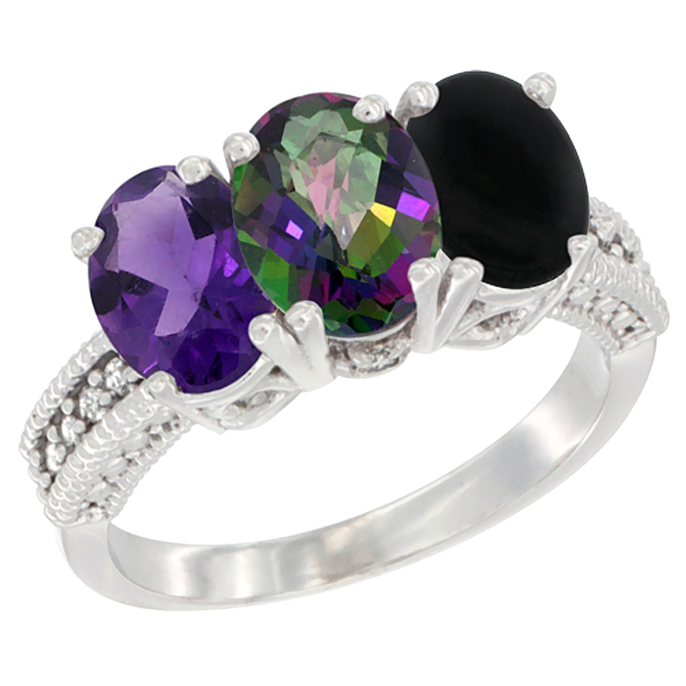 14K White Gold Natural Amethyst, Mystic Topaz & Black Onyx Ring 3-Stone 7x5 mm Oval Diamond Accent, sizes 5 - 10