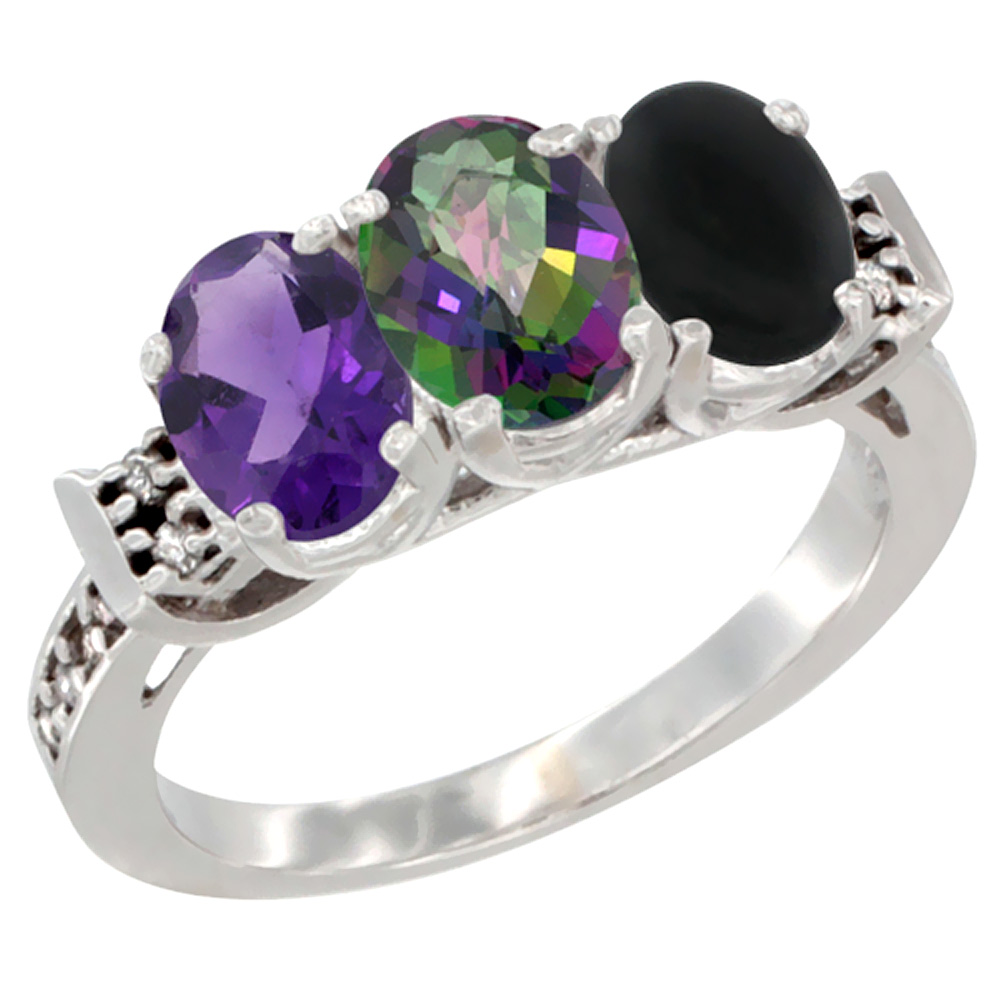 14K White Gold Natural Amethyst, Mystic Topaz & Black Onyx Ring 3-Stone 7x5 mm Oval Diamond Accent, sizes 5 - 10