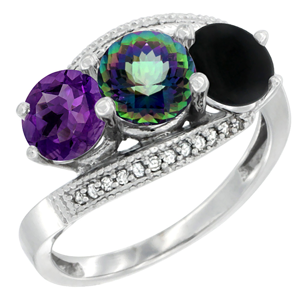 14K White Gold Natural Amethyst, Mystic Topaz &amp; Black Onyx 3 stone Ring Round 6mm Diamond Accent, sizes 5 - 10