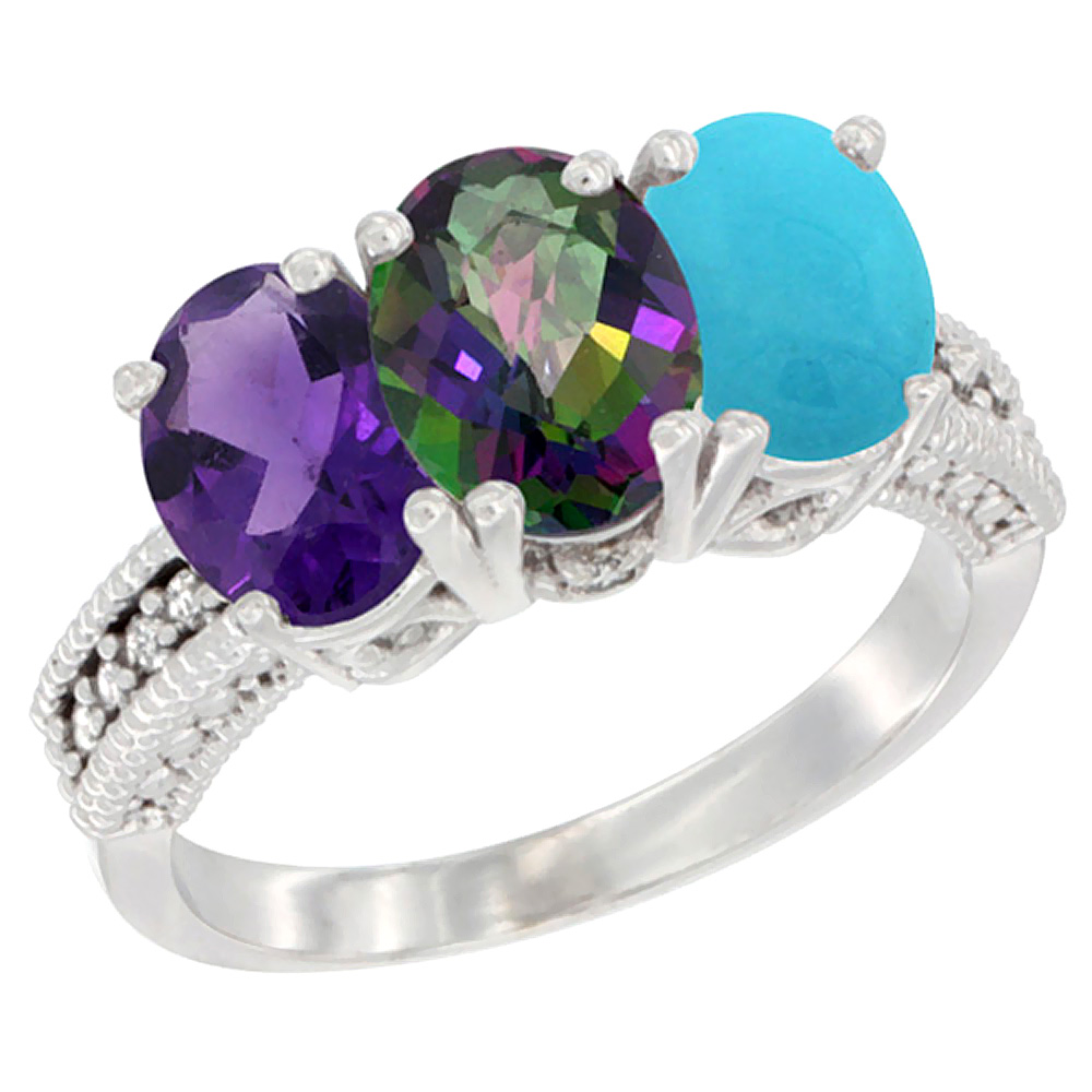 14K White Gold Natural Amethyst, Mystic Topaz & Turquoise Ring 3-Stone 7x5 mm Oval Diamond Accent, sizes 5 - 10