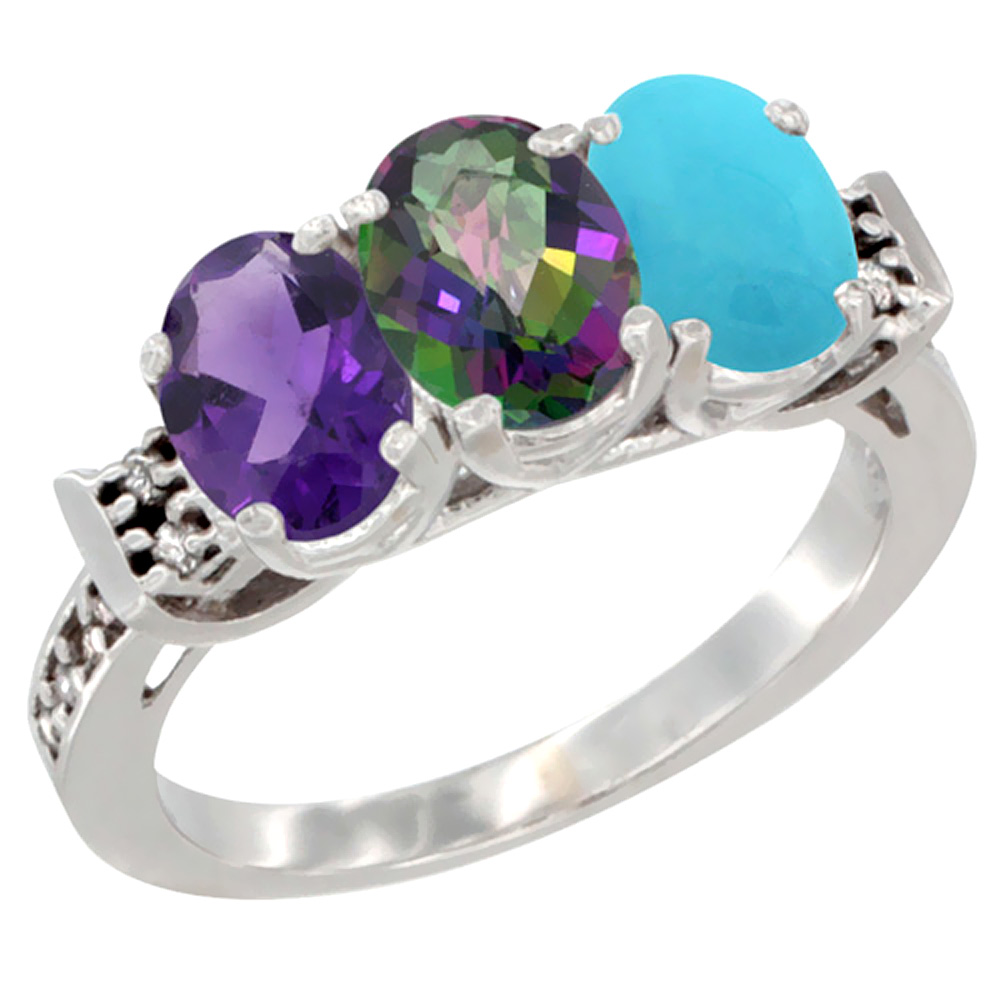14K White Gold Natural Amethyst, Mystic Topaz & Turquoise Ring 3-Stone 7x5 mm Oval Diamond Accent, sizes 5 - 10